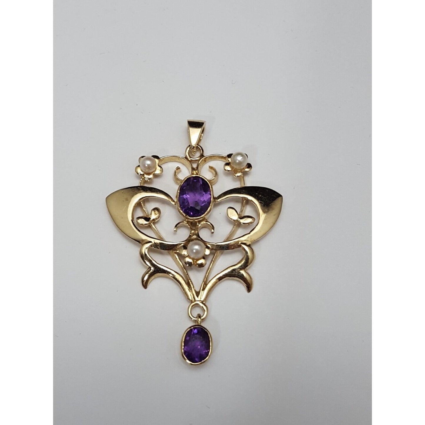 9K Solid Yellow Gold Drop Dangle Amethyst & Pearl Charm Pendant