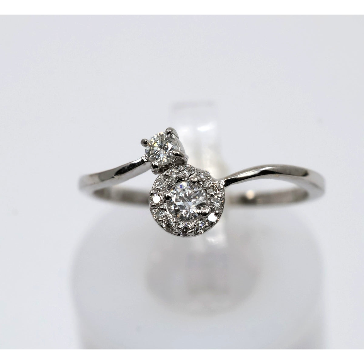 14K White Gold Round Cut Diamond Halo Bypass Ring