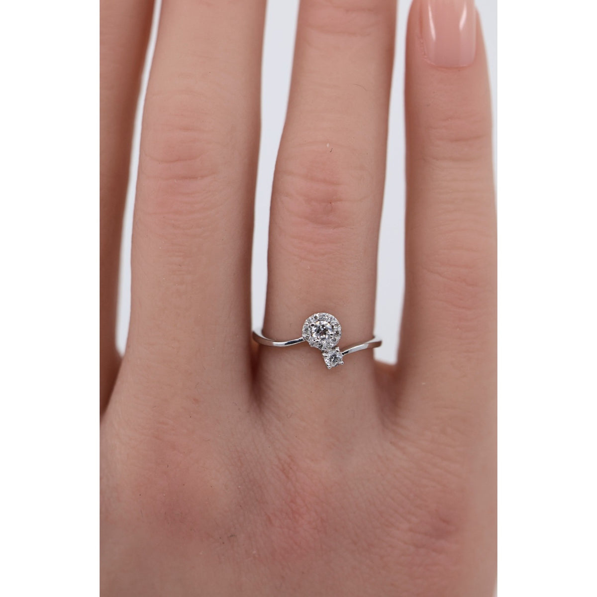 14K White Gold Round Cut Diamond Halo Bypass Ring