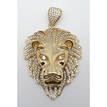 10K Solid Yellow Gold 3D Cubic Zirconia Lion Head Charm Pendant