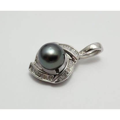 14K Solid White Gold Drop Dangle Tahitian Pearl & Diamond Charm Pendant