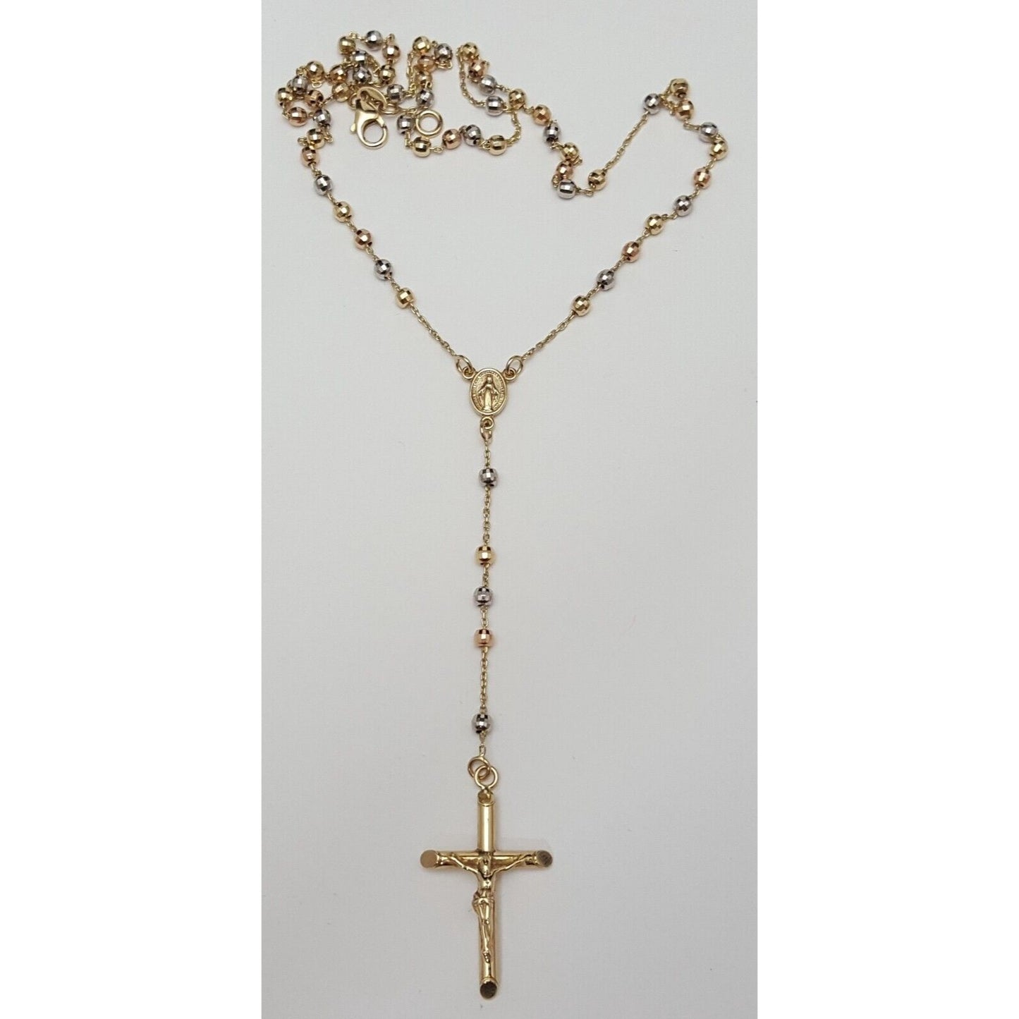 14K Tri Tone Gold Religious Rosary Cross Link Chain Necklace