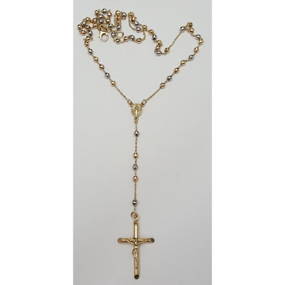 14K Tri Tone Gold Religious Rosary Cross Link Chain Necklace