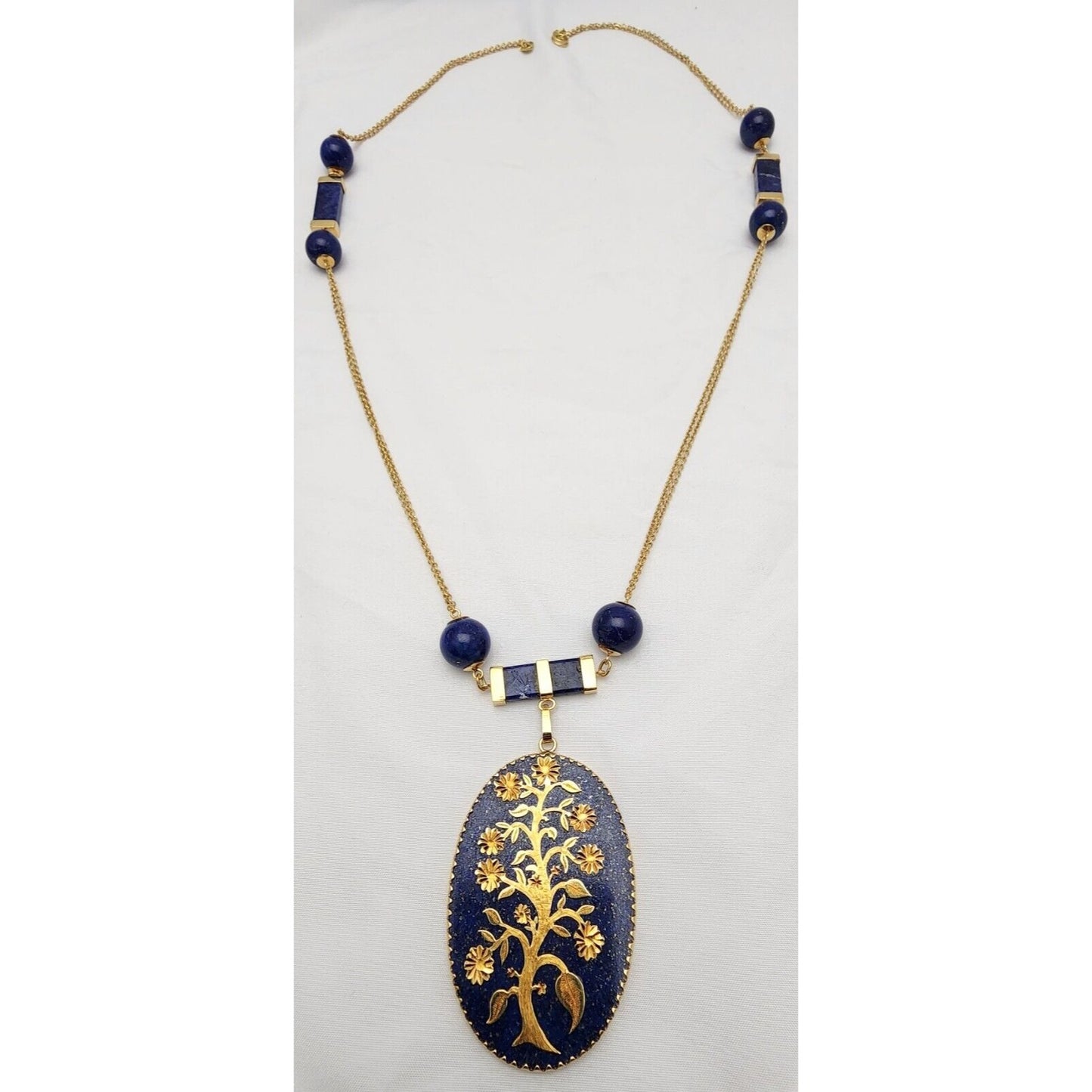 18K Solid Yellow Gold Floral Lapis Lazuli Bead Ball Link Chain Necklace