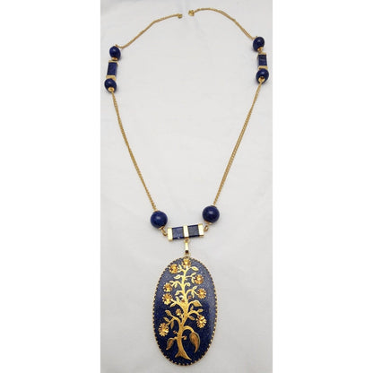 18K Solid Yellow Gold Floral Lapis Lazuli Bead Ball Link Chain Necklace