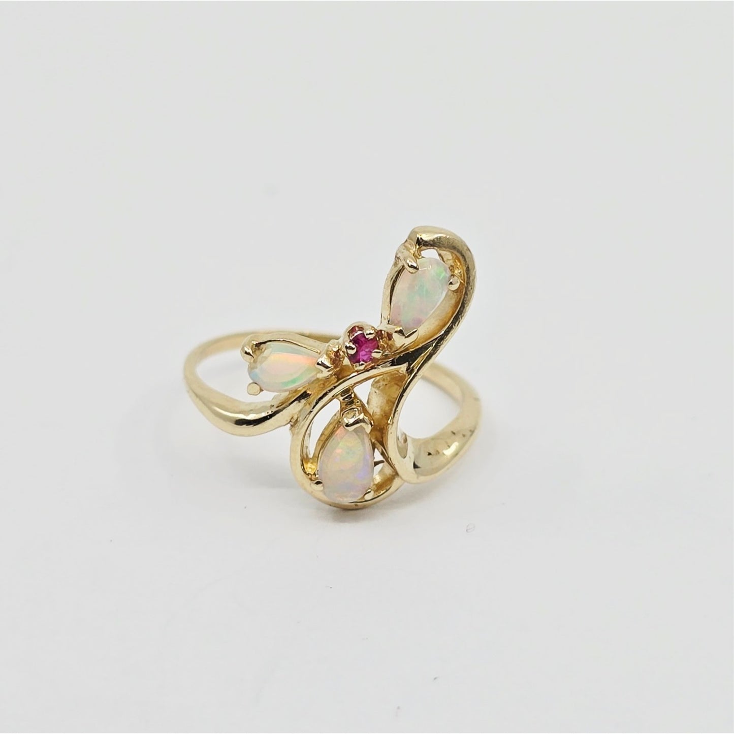 14K Yellow Gold Teardrop Opal & Ruby Ring