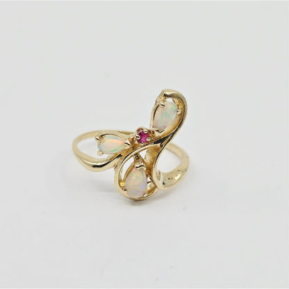 14K Yellow Gold Teardrop Opal & Ruby Ring