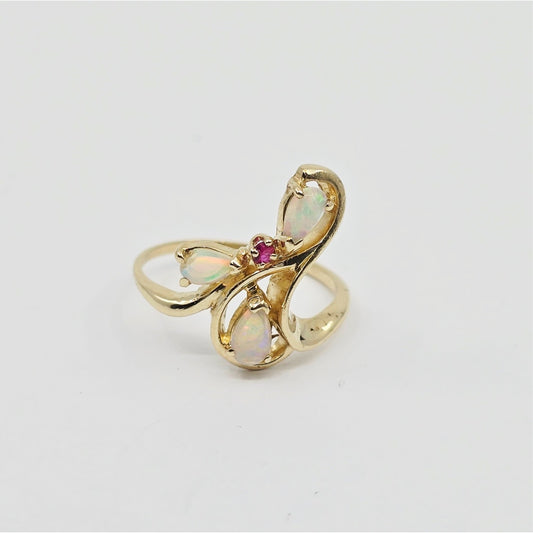 14K Yellow Gold Teardrop Opal & Ruby Ring