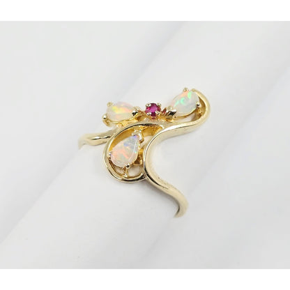 14K Yellow Gold Teardrop Opal & Ruby Ring