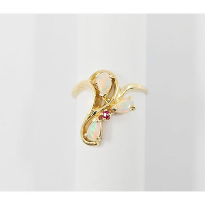 14K Yellow Gold Teardrop Opal & Ruby Ring