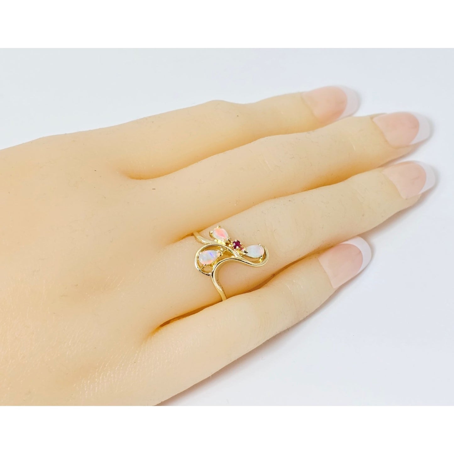 14K Yellow Gold Teardrop Opal & Ruby Ring