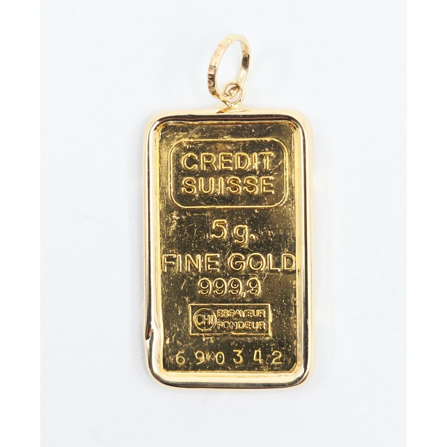 24K 5 Gram Credit Suisse Gold Bar with 14K Yellow Gold Bezel Charm Pendant