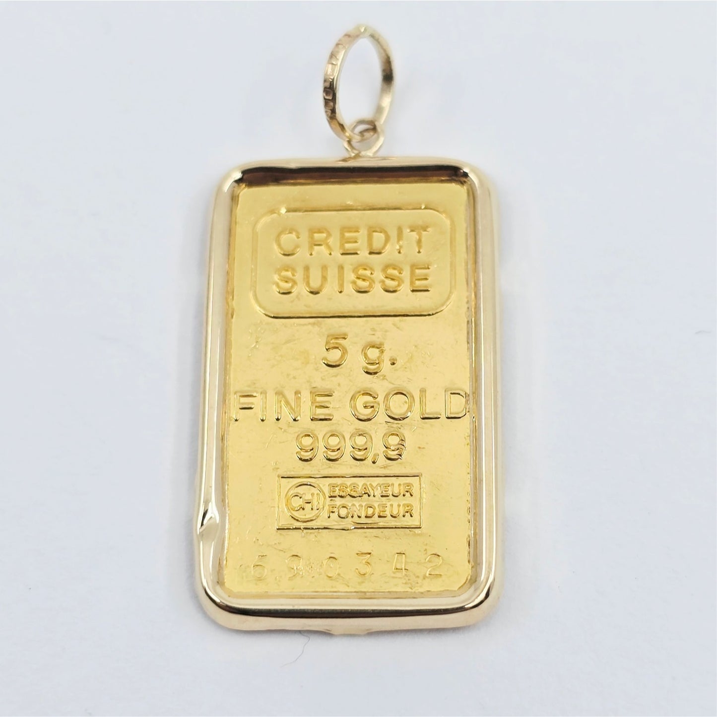 24K 5 Gram Credit Suisse Gold Bar with 14K Yellow Gold Bezel Charm Pendant
