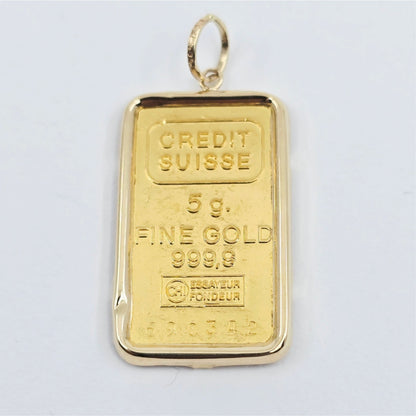 24K 5 Gram Credit Suisse Gold Bar with 14K Yellow Gold Bezel Charm Pendant