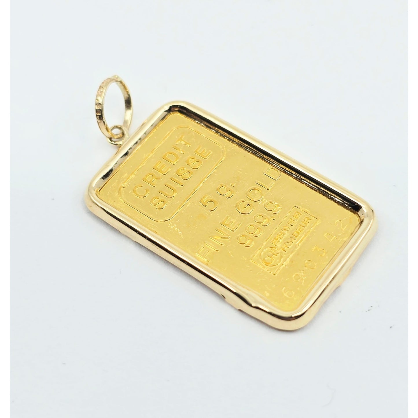 24K 5 Gram Credit Suisse Gold Bar with 14K Yellow Gold Bezel Charm Pendant