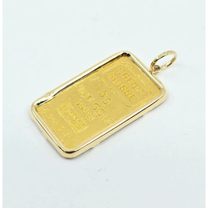 24K 5 Gram Credit Suisse Gold Bar with 14K Yellow Gold Bezel Charm Pendant