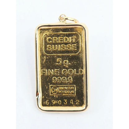 24K 5 Gram Credit Suisse Gold Bar with 14K Yellow Gold Bezel Charm Pendant