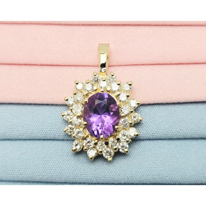 14K Yellow Gold Flower Halo Amethyst & Diamond Drop Charm Pendant