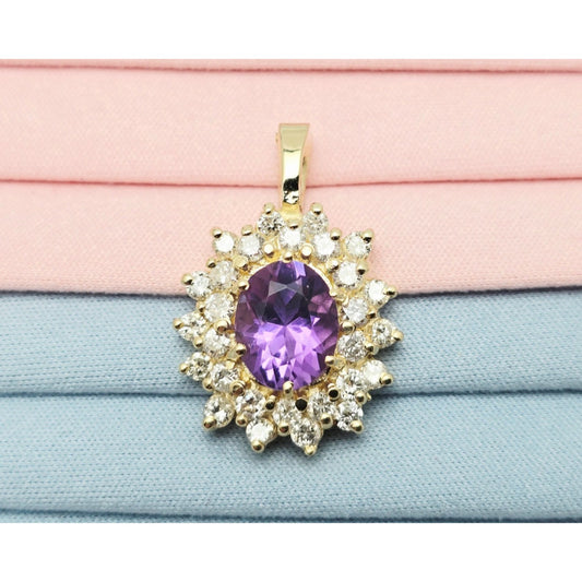 14K Yellow Gold Flower Halo Amethyst & Diamond Drop Charm Pendant