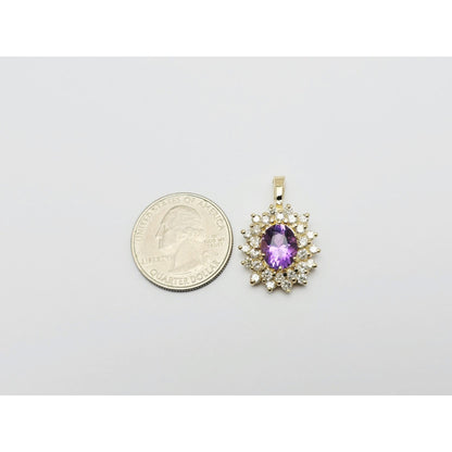 14K Yellow Gold Flower Halo Amethyst & Diamond Drop Charm Pendant