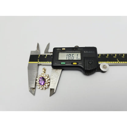 14K Yellow Gold Flower Halo Amethyst & Diamond Drop Charm Pendant