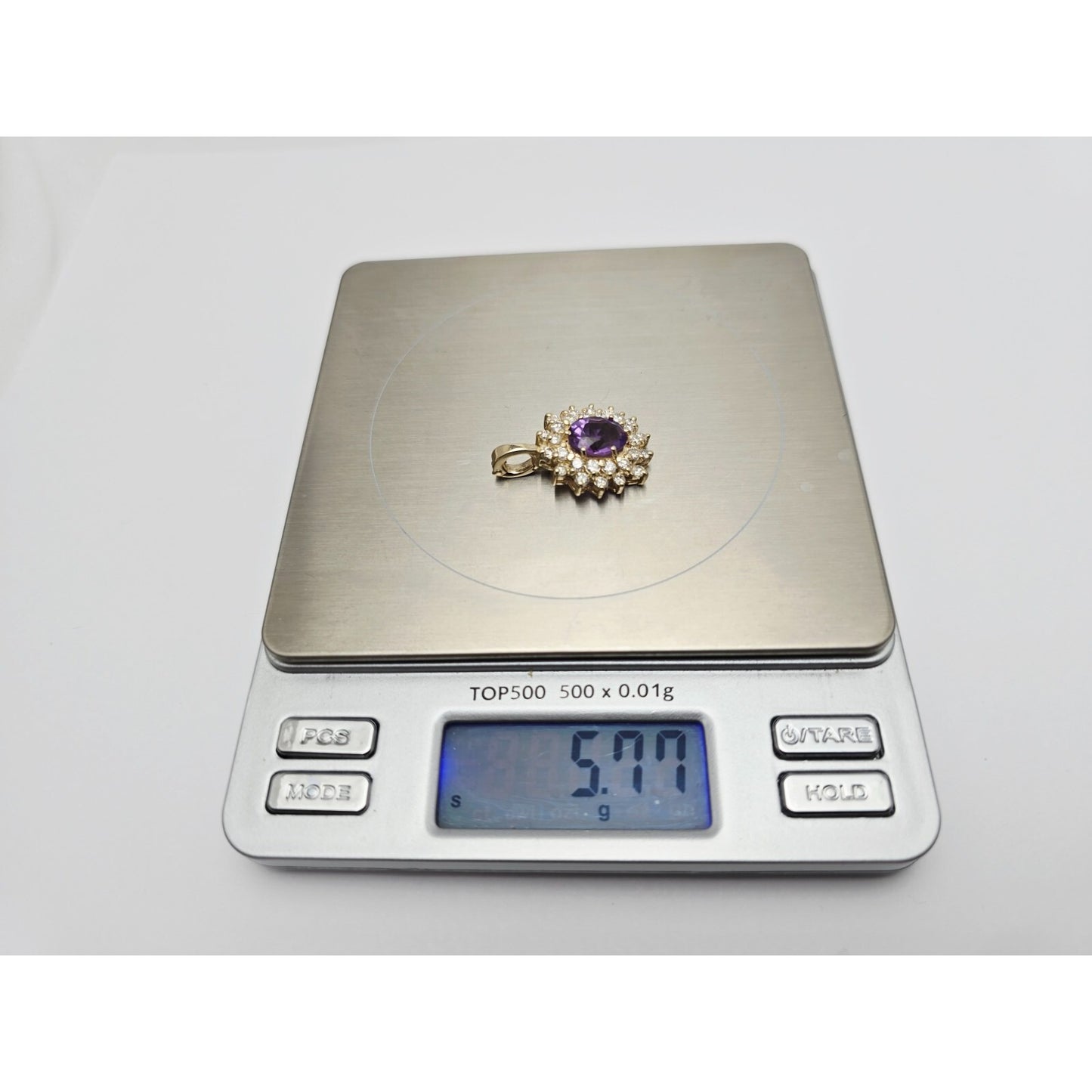 14K Yellow Gold Flower Halo Amethyst & Diamond Drop Charm Pendant