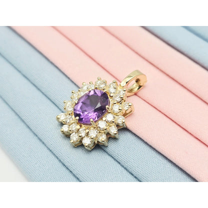 14K Yellow Gold Flower Halo Amethyst & Diamond Drop Charm Pendant