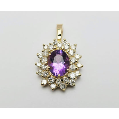 14K Yellow Gold Flower Halo Amethyst & Diamond Drop Charm Pendant