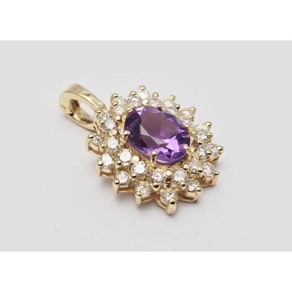 14K Yellow Gold Flower Halo Amethyst & Diamond Drop Charm Pendant
