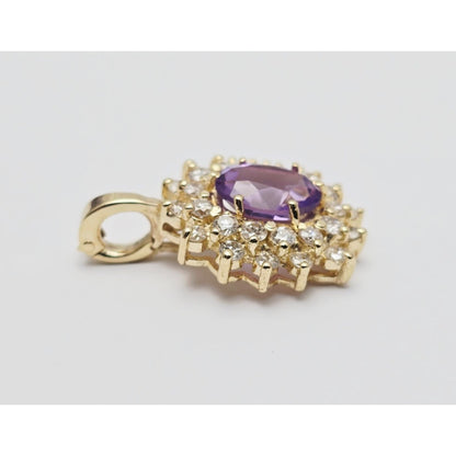 14K Yellow Gold Flower Halo Amethyst & Diamond Drop Charm Pendant