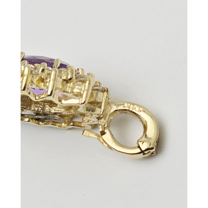 14K Yellow Gold Flower Halo Amethyst & Diamond Drop Charm Pendant