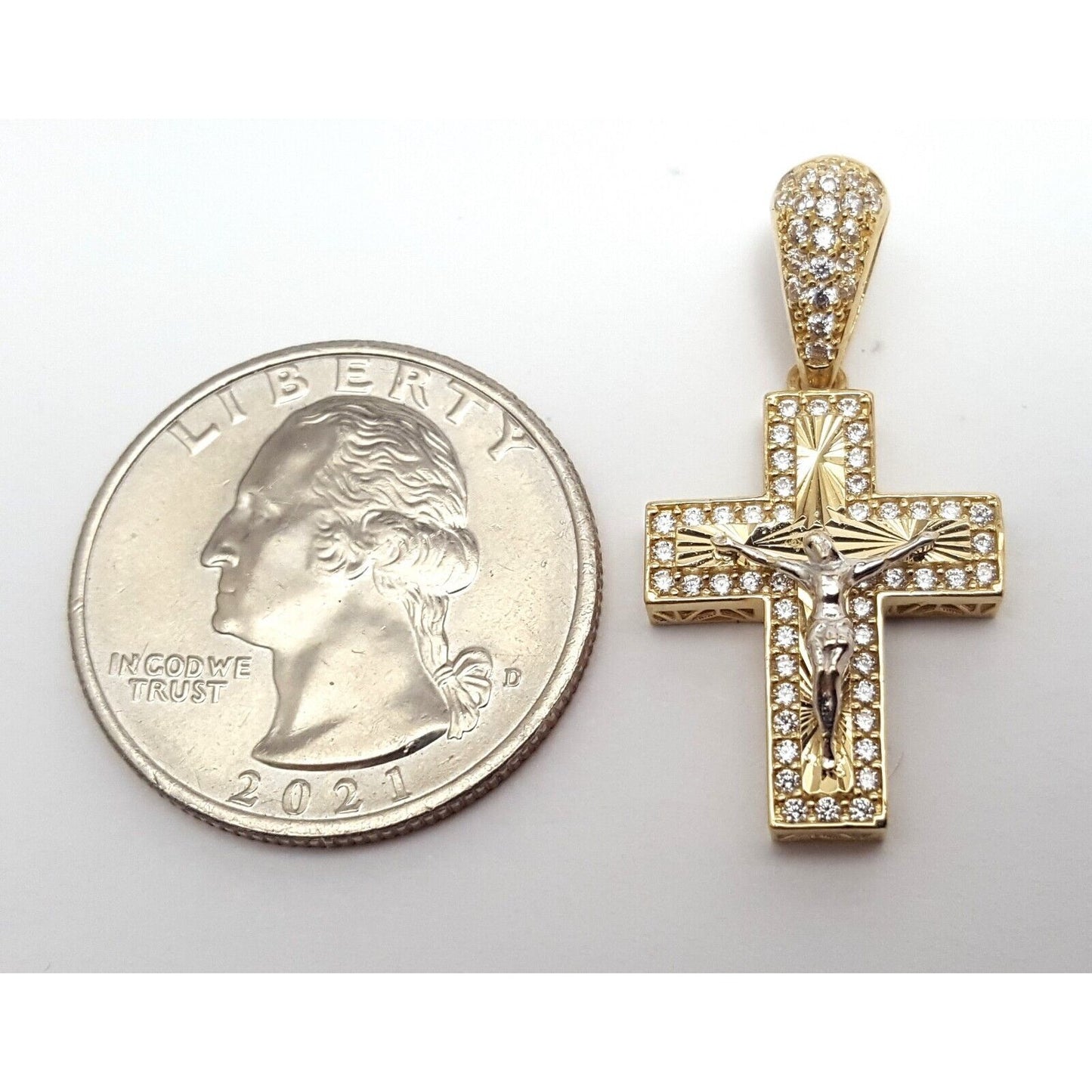 14K Two Tone Gold Religious Jesus Cubic Zirconia Cross Charm Pendant