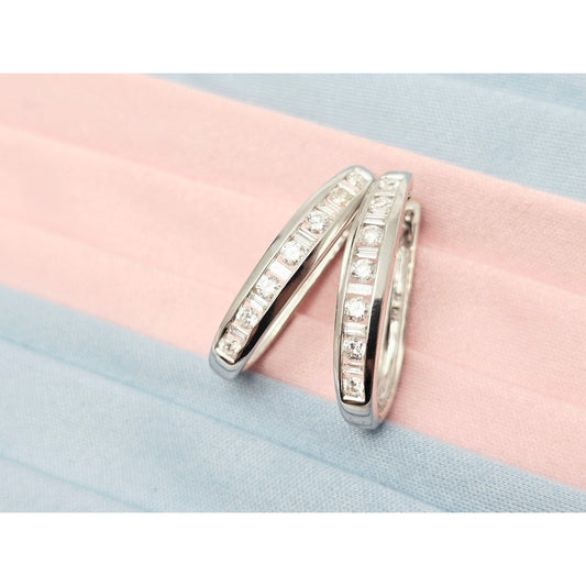 14K White Gold Round & Baguette Diamond Hinged Oval Hoop Earrings
