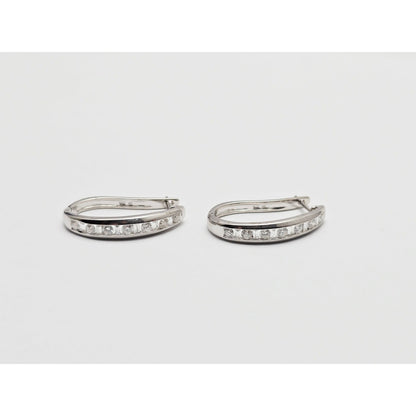 14K White Gold Round & Baguette Diamond Hinged Oval Hoop Earrings