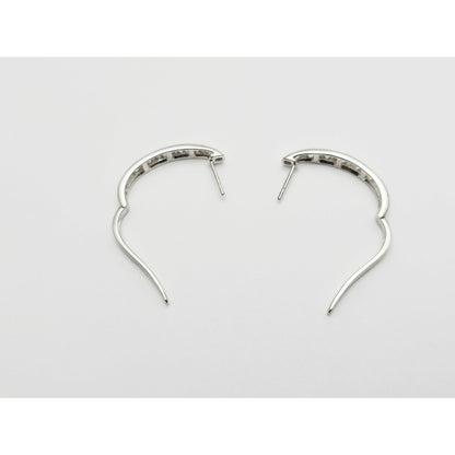 14K White Gold Round & Baguette Diamond Hinged Oval Hoop Earrings