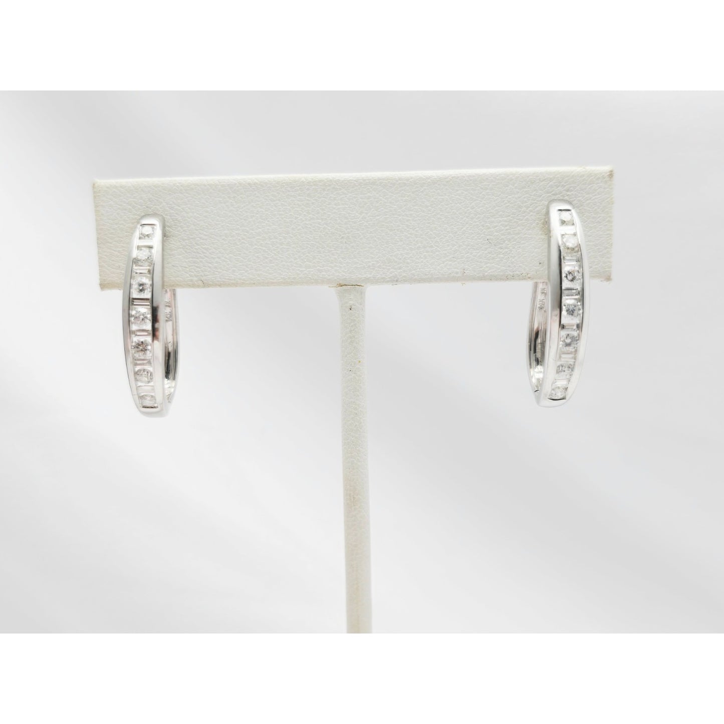 14K White Gold Round & Baguette Diamond Hinged Oval Hoop Earrings