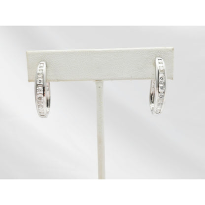 14K White Gold Round & Baguette Diamond Hinged Oval Hoop Earrings