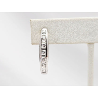 14K White Gold Round & Baguette Diamond Hinged Oval Hoop Earrings