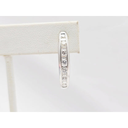 14K White Gold Round & Baguette Diamond Hinged Oval Hoop Earrings