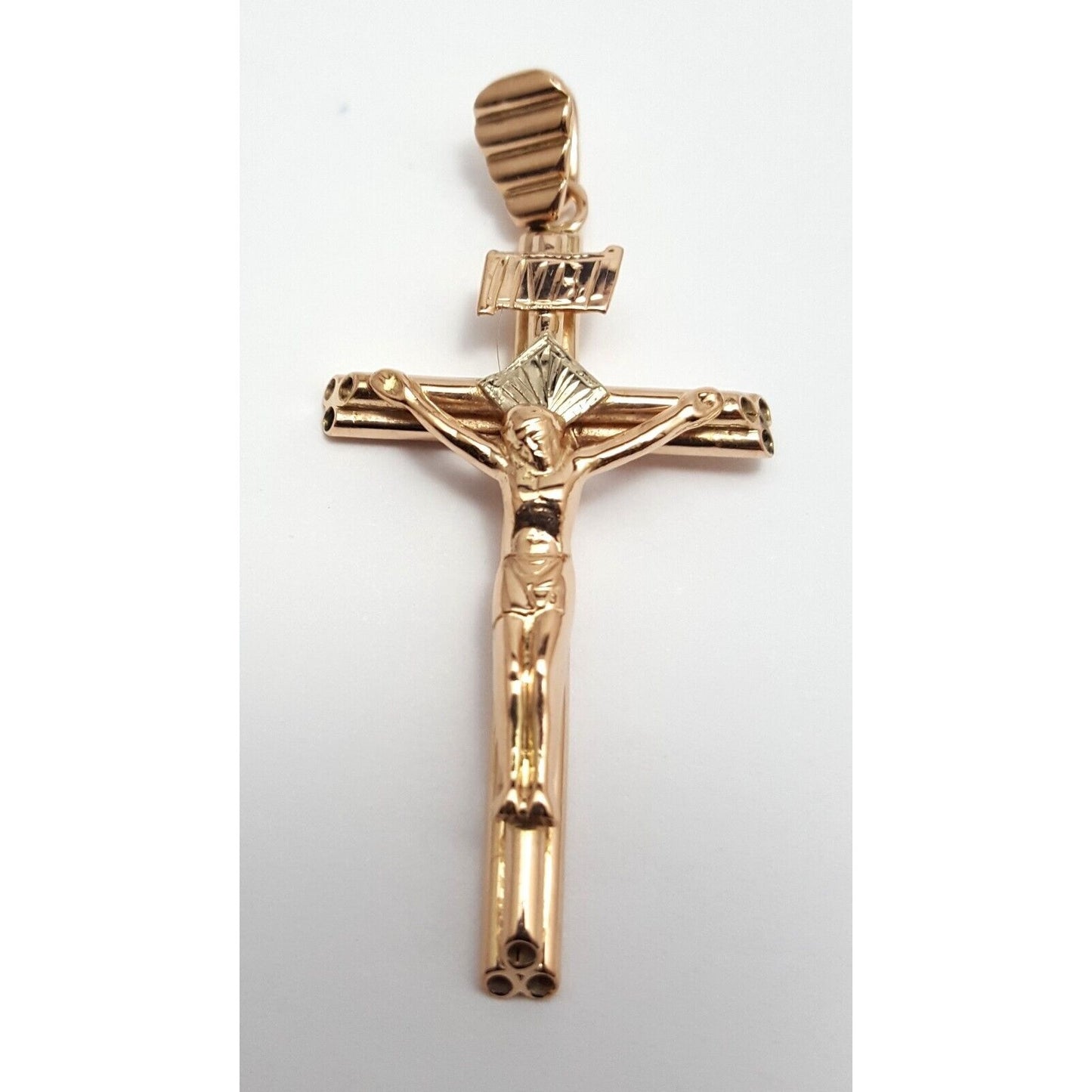 14K Solid Two Tone Gold Jesus Cross Charm Pendant