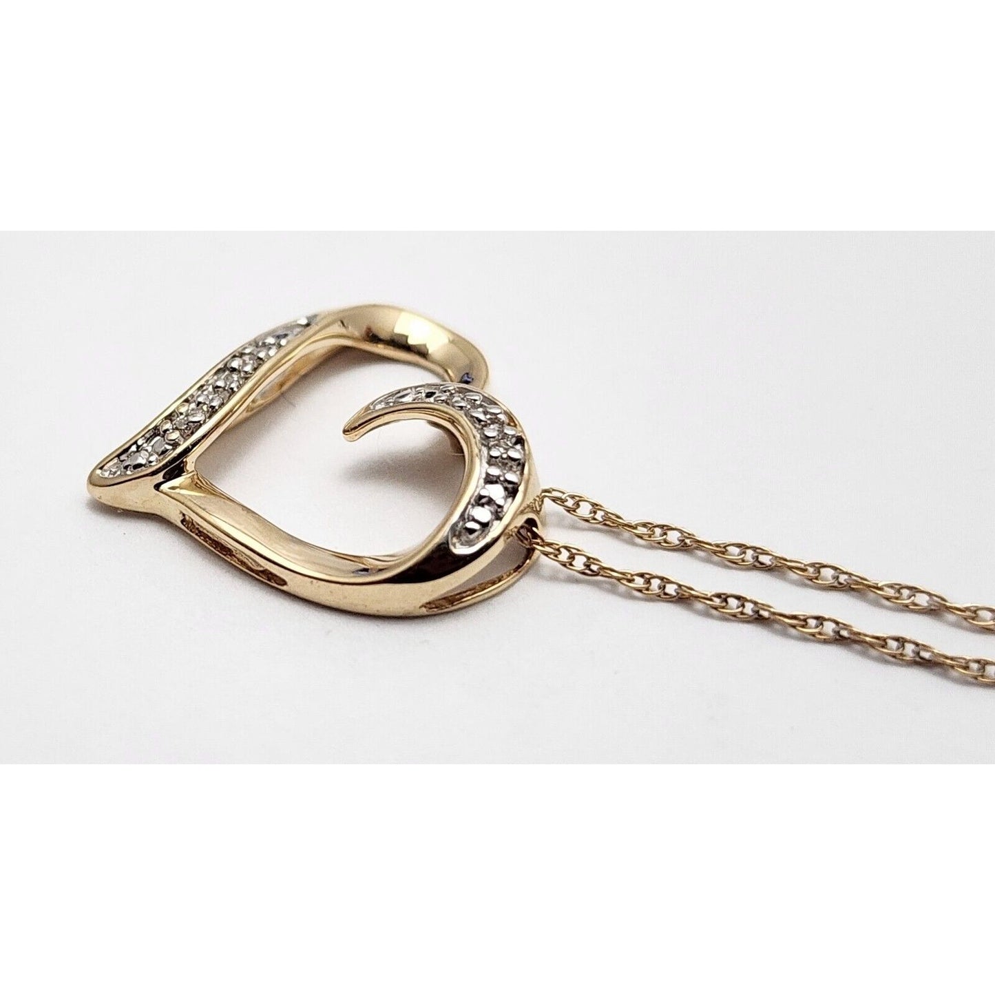 10K Yellow Gold Open Heart Diamond Charm Pendant & Link Chain Necklace