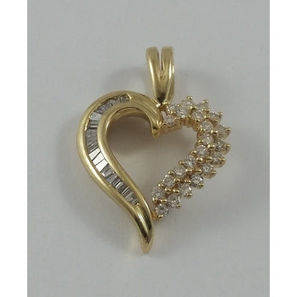 14K Solid Yellow Gold Open Heart Round & Baguette Diamond Charm Pendant