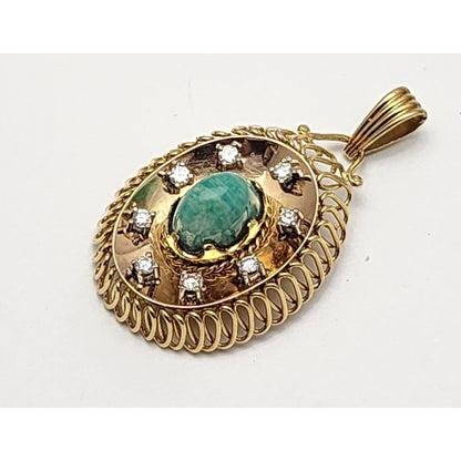 18K Solid Yellow Gold Diamond & Green Cabochon Gemstone Charm Pendant