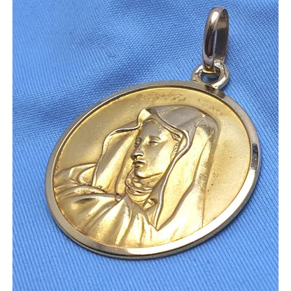 18K Solid Yellow Gold Religious Saint Mary Round Charm Pendant