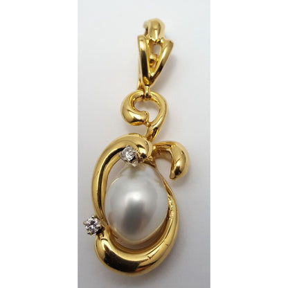 18K Solid Yellow Gold Designer Pearl & Diamond Drop Dangle Charm Pendant