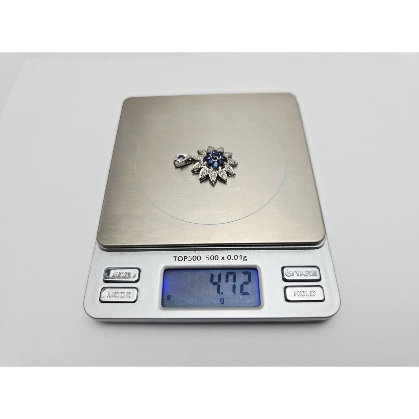 12K White Gold Sapphire & Diamond Flower Charm Pendant