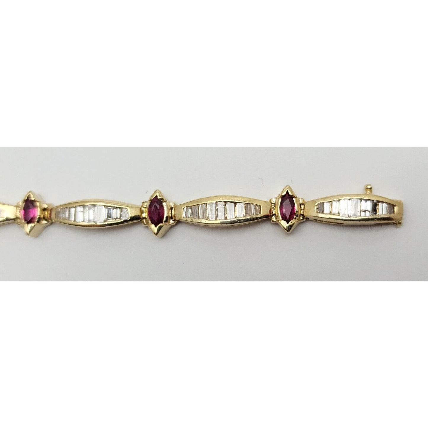 14K Solid Yellow Gold Designer Ruby & Diamond Tennis Link Bracelet