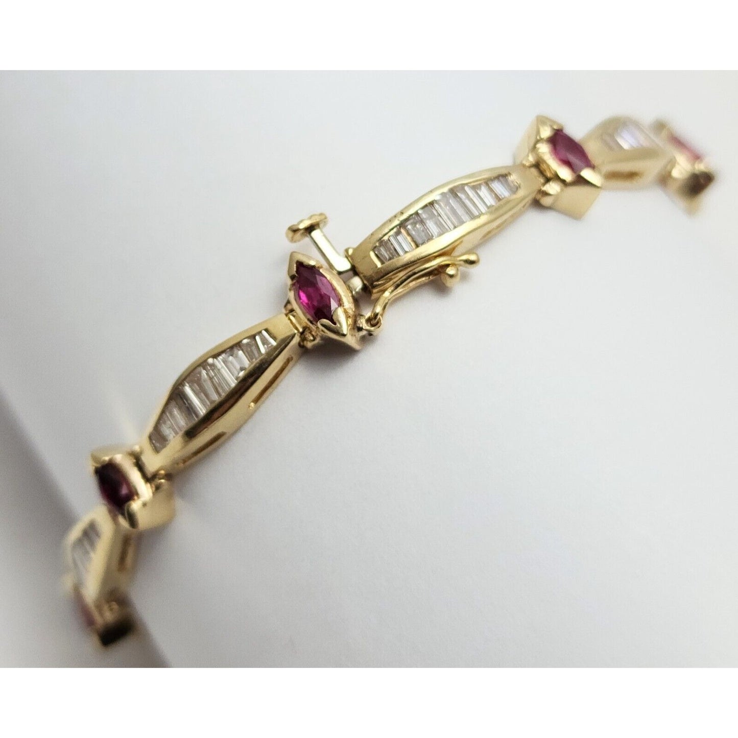 14K Solid Yellow Gold Designer Ruby & Diamond Tennis Link Bracelet