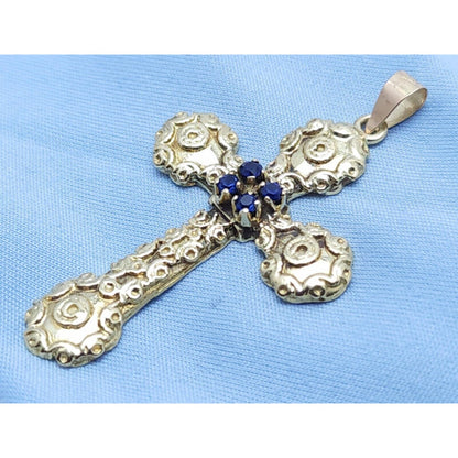 18K Solid Yellow Gold Religious Sapphire Cross Charm Pendant