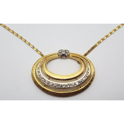 Vintage 18K Two Tone Gold Diamond Oval Pendant Link Chain Necklace